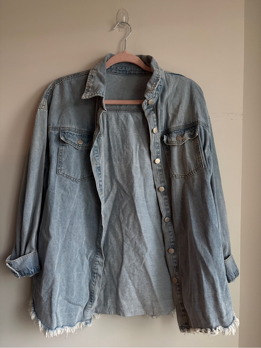 Light Wash Denim Shacket with Raw Hem
